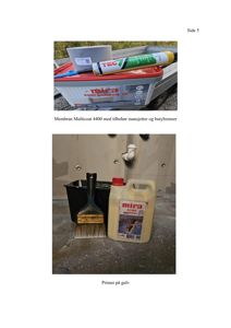 Fotografier av byggematerialer (membran, primer) og verktøy på en byggeplass.