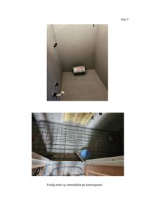 Fotografier av et underbyggingsarbeid, der det vises en ferdig tettet gulvflate og varmekabler lagt på armeringsnett.