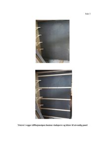 Fotografier av en veggkonstruksjon under bygging, med tekstbeskrivelse om vindsperrer og panel.