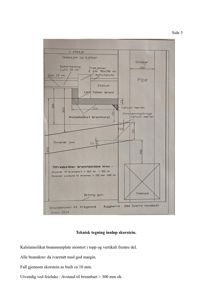 Tegning som viser detaljert innretning av skorstein og feieluke i 1. etasje, inkludert mål, materialer (gips, lim, kalsiumsilikat) og brannkrav.
