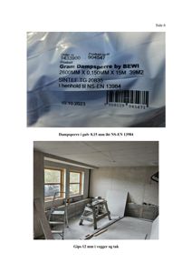 Fotografier av en byggeplass som viser et produkt (dampsperrer) og en ferdig utført gipsvegg.