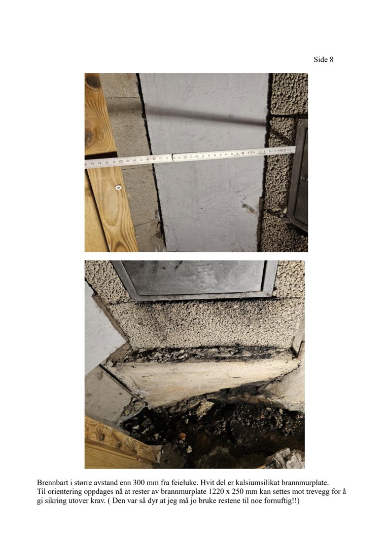 Fotografier av en brannmurplate og konstruksjon i en bygning, med målebånd for dimensjoneringsformål.