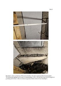 Fotografier av en brannmurplate og konstruksjon i en bygning, med målebånd for dimensjoneringsformål.