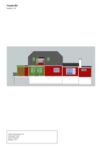 Fasadetegning av bygning sett fra øst med mål og fargeangivelse.