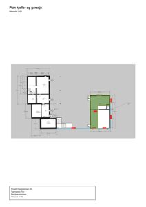 Plantegning av kjeller og garasje med romfordeling, mål og arealoppdelinger.
