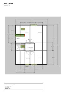 Etasjeplan for 2. etasje med romfordeling, dører, vinduer og mål.