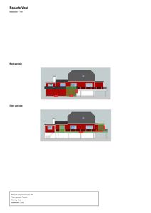 Fasadetegning som viser bygningens utseende fra vest, med og uten garasje.