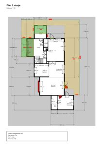 Etasjeplan (Plan 1. etasje) med romfordeling, mål og arealoppsett.