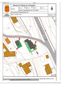 Situasjonsplan for eiendom i Skien kommune, som viser eiendomsnummer, bygninger, veier og terrengforhold.
