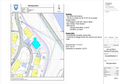 Situasjonskart som viser eiendommen Husafjellbakken 2 med bygningens plassering i forhold til veier og naboeiendommer.