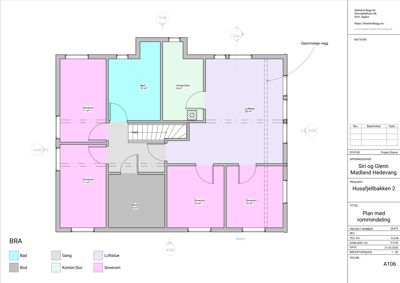 Etasjeplan med romfordeling, veggposisjon og arealoppsett for en bolig.