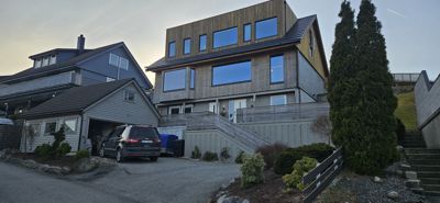 Fotografi av en moderne villa med trepanel og store vinduer, sett fra gaten.