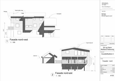 Fasadetegning som viser bygningens utseende fra nordvest og nordøst, inkludert vinduer, takform og materialer.