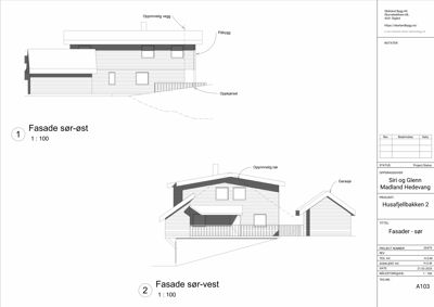 Bildet viser to fasadetegninger (sør-øst og sør-vest) av en bolig med detaljer om tak og vegger.