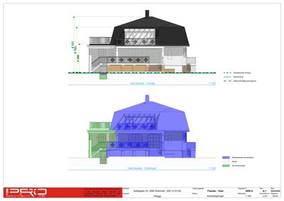Fasadetegning som viser bygningens utseende fra vest, med mål og konstruksjonsdetaljer.