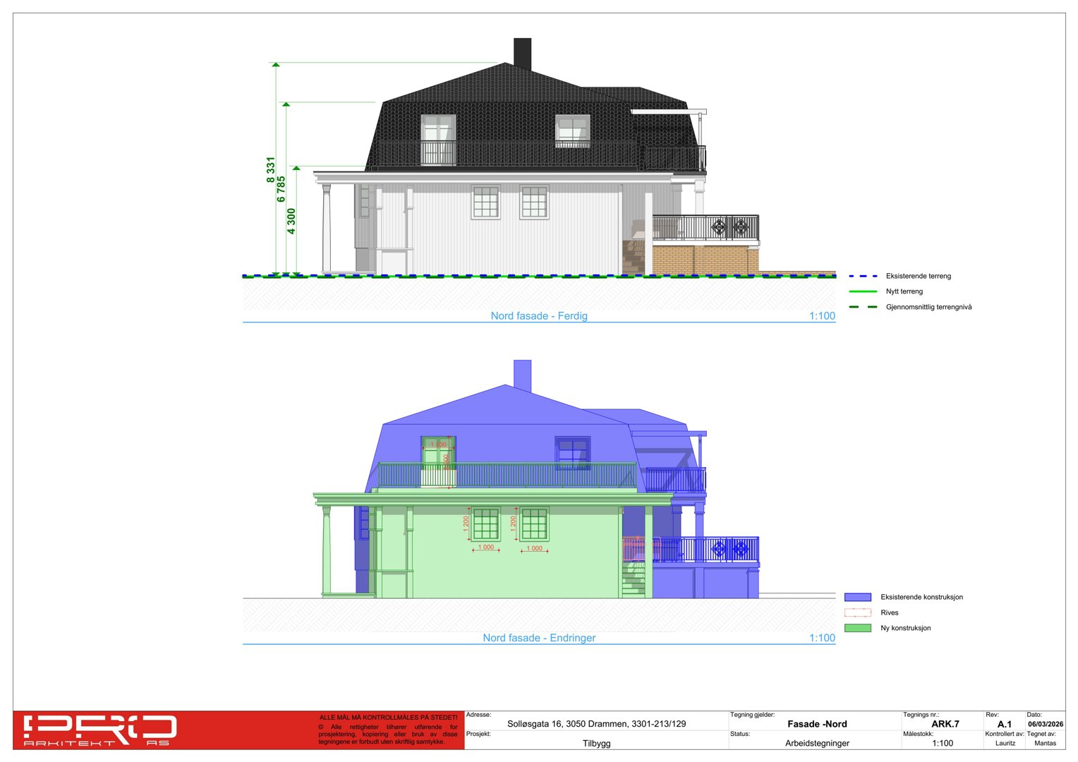 Fasadetegning som viser Nord-fasaden av en bygning i to versjoner: 'Ferdig' og 'Endringer'.