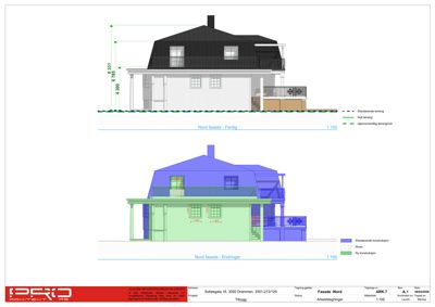 Fasadetegning som viser Nord-fasaden av en bygning i to versjoner: 'Ferdig' og 'Endringer'.