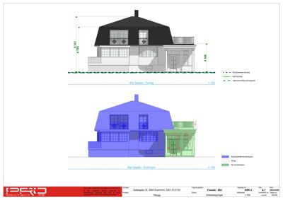 Bildet viser en fasadetegning av en bolig med mål og fargekoder for eksisterende og ny konstruksjon.