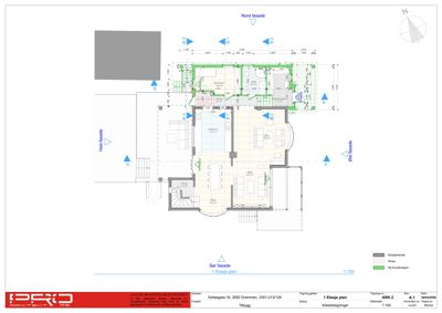 Etasjeplan (1. etasje) som viser romfordeling, veggposisjon og mål for en bolig.
