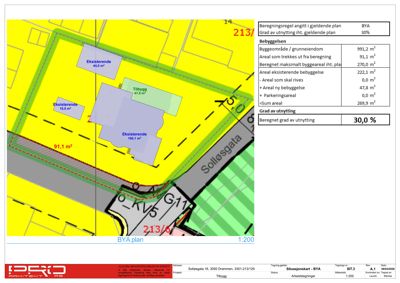 Situasjonsplan som viser bebyggelse, tomtegrenser og utnyttelsesgrad for et byggeområde.