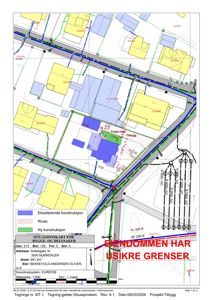 Situasjonskart som viser tomtens grenser, eksisterende og ny konstruksjon, samt nabolag.