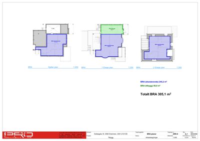 Bildet viser etasjeplaner for en bygning (Kjeller, 1. etasje og 2. etasje) med romfordeling og arealoppdeling.