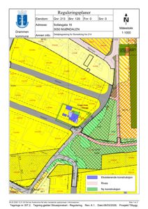 Situasjonsplan fra en reguleringsplan som viser eiendomsinndeling, bebyggelse og arealbruk.