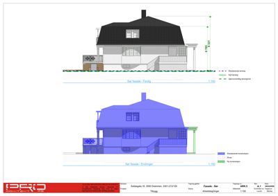 Bildet viser to fasadetegninger av en bolig, en med eksisterende tilstand og en med planlagte endringer.