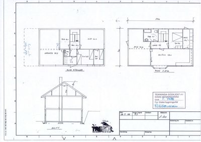 Plantegning som viser romfordeling for etasjen (soverom, bad, stue) og kjelleren (bod, vaskerom, garasje), samt et snitt av bygningen.