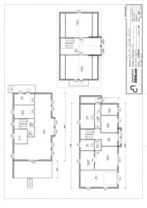Etasjeplaner (1. og 2. etasje) med romfordeling, dører, vinduer og mål.