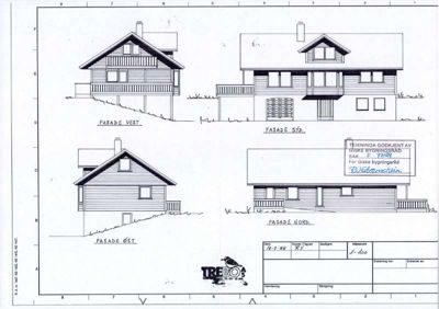 Fasadetegning som viser bygningens utsyn fra fire sider (Nord, Sør, Øst, Vest) med detaljer om takform, vinduer og fasadepanel.