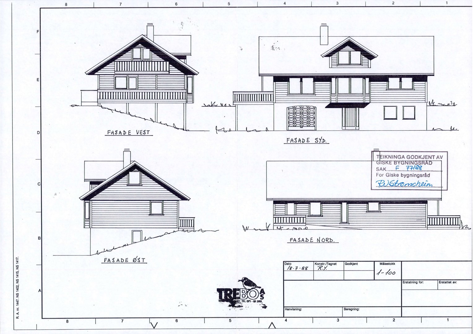 Fasadetegning som viser bygningens utsyn fra fire sider (Nord, Sør, Øst, Vest) med detaljer om takform, vinduer og fasadepanel.