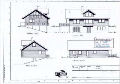 Fasadetegning som viser bygningens utsyn fra fire sider (Nord, Sør, Øst, Vest) med detaljer om takform, vinduer og fasadepanel.