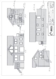 Fasadetegning som viser bygningens utsyn fra fire sider (Nord, Sør, Øst, Vest).