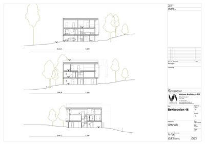 Tegning som viser tre ulike snitt (A, B og C) gjennom en bolig på Bekkeveien 46.