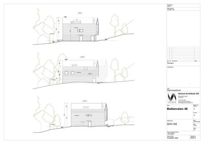 Fasadetegning som viser bygningens utseende fra vest (vestfasade) med oppgitt mål og detaljer.
