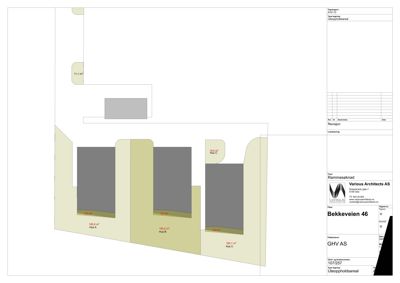 Fasadetegning som viser oppriss av tre hus (A, B og C) med angitte arealer og høyder.