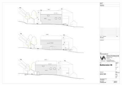 Fasadetegning som viser bygningens utseende fra øst (Fasade est) med oppgitt mål og detaljer.