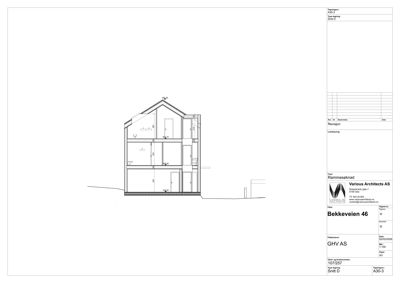 Snittegning som viser tverrsnitt gjennom en bygning (Rammeseknad) med romfordeling og konstruksjonsdetaljer.