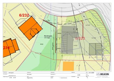 Situasjonsplan som viser tomtens grenser, naboeiendommer, vegforhold og bygningsplassering.