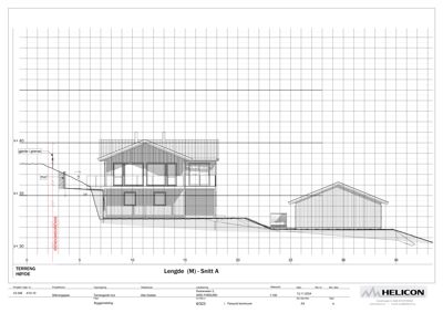 Snittegning (Snitt A) som viser bygningens tverrsnitt i forhold til terrenget.