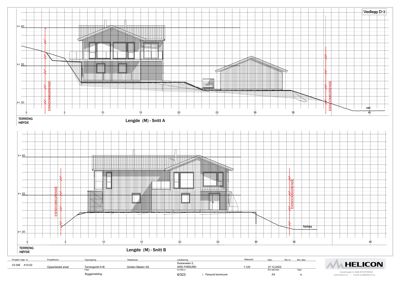 Snittegning (Snitt A og Snitt B) som viser bygningens tverrsnitt i forhold til terreng og høyde.