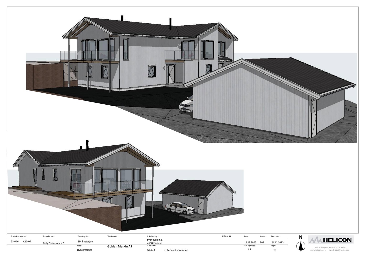 3D-visualisering av et planlagt hus og garasje sett fra utsiden.