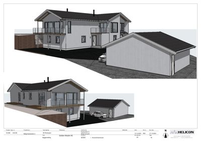3D-visualisering av et planlagt hus og garasje sett fra utsiden.