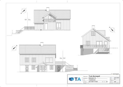 Fasadetegning som viser bygningens utsyn fra flere vinkler (for-, side- og bakfasade) med oppriss av tak, vinduer og trapper.