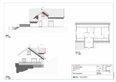Fasadetegning med etasjeplan for et hus. Bildet viser oppriss av fasadene 'Sør' og 'Vest' samt etasjeplan for 'Et. 2'.