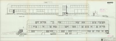 Tegning som viser fasadeopprikk (fra nord og syd) av en toetasjes bygning med parkeringsplasser og tilhørende infrastruktur.