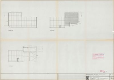 Bildet viser tre tegninger av fasader (vest, øst og syd) for et bygg, inkludert mål og detaljer.