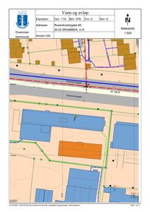 Situasjonsplan som viser eiendomsforhold, vann- og avløpsledninger, samt bygningers plassering i forhold til gater og tomtegrenser.