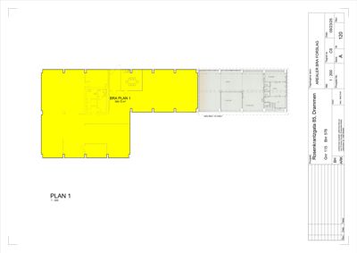 Etasjeplan (PLAN 1) som viser romfordeling og arealer for et bygg.